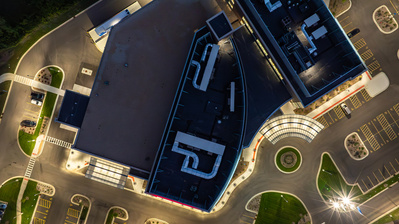Architectural detail straight down view at dusk of the Mercyhealth hospital in Crystal Lake, IL