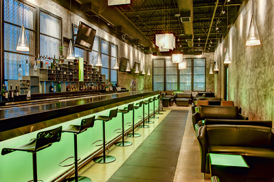 Architectural photographer interpretation of a sophisticated cocktail lounge at the DoubleTree by Hilton Hotel in Mundelein, IL
