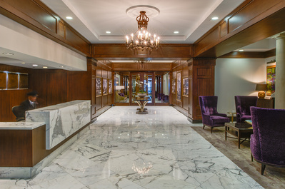 The elegant lobby at the prestigious 850 North Lake Shore Drive community in Chicago, IL