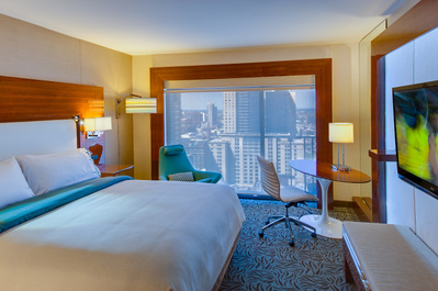 Commercial photography of a view onto downtown Chicago from a luxurious room in the Marriott hotel