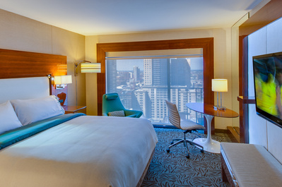 Commercial photography of a view onto downtown Chicago from a luxurious room in the Marriott hotel