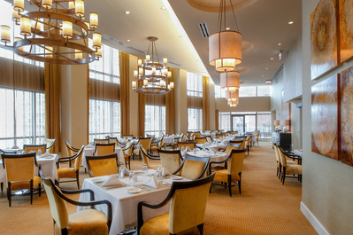 The dining room of The Clare, a luxurious high-rise  retirement community in Chicago, IL 