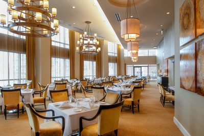 The dining room of The Clare, a luxurious high-rise  retirement community in Chicago, IL 