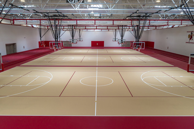 Brand new athletic facility at the Tinley Park High School in IL from elevated vantage point 