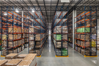 Shelving units inside a very large Ferrera distribution facility in DeKalb, IL 
