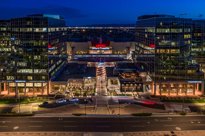 The AMC Dine In theater in Phoenix, AZ at dusk as seen from above