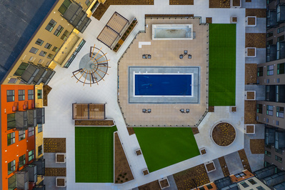 Courtyard from above in a residential apartments senior living complex in Glenview, IL