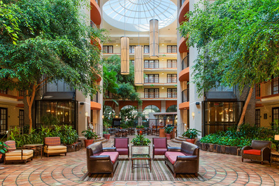 Tropical atrium lobby of the DoubleTree Suites by Hilton hotel in Omaha, NE