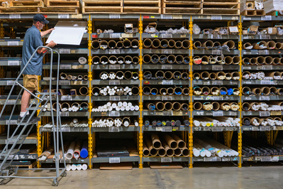 Warehouse employee handling a plastic sheet in the inventory and storage unit