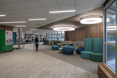 Students at the common area and hallway of the Glenbrook North High School as seen by Chicago architecture photographer 