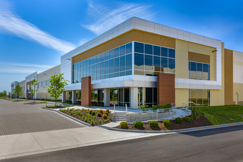 Detail view of a well designed big box industrial corporate building
