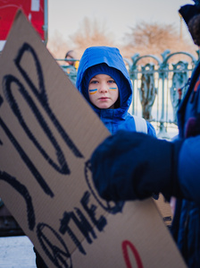 A demonstrator protesting the Russian invasion of Ukraine in Chicago, USA.