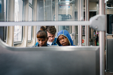Commuters ride the CTA train in Chicago, USA.