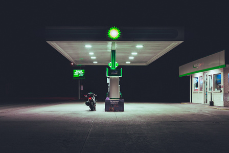 Silent night at a BP station in the Driftless Region of Wisconsin, USA.