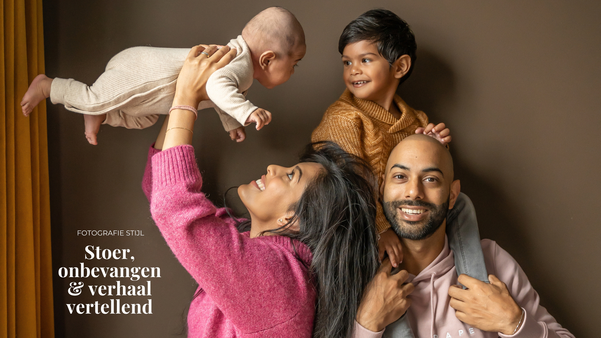 Fotograaf aan huis maakt foto's van gezin in Sliedrecht. Zwarte achtergrond portretten, Familie en generatie portret in studiosetting en op buitenlocaties. Fotograaf geeft locatie tips. 