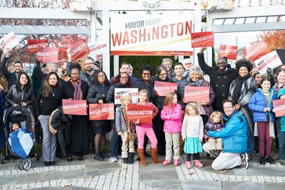State Senator Mary Washington at campaign rally event with crowd in Baltimore, Maryland