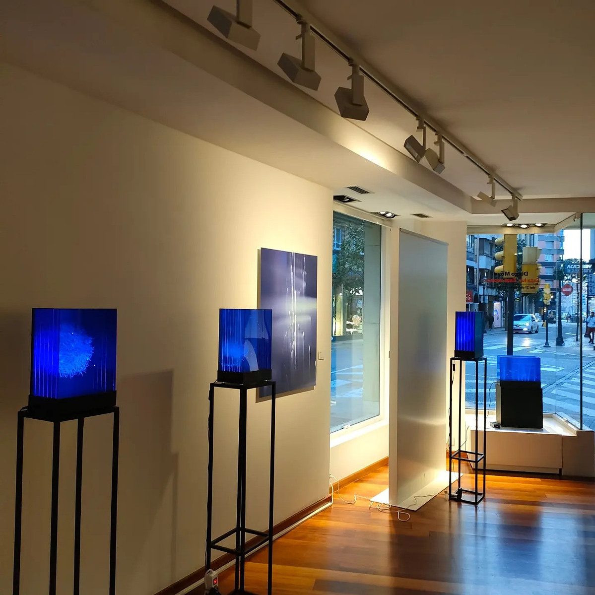 Exposición "Cajas luminosas" de Diego Moya, comisariada por Zara Fernández de Moya, en la Galería Aurora Vigil-Escalera (Gijón)