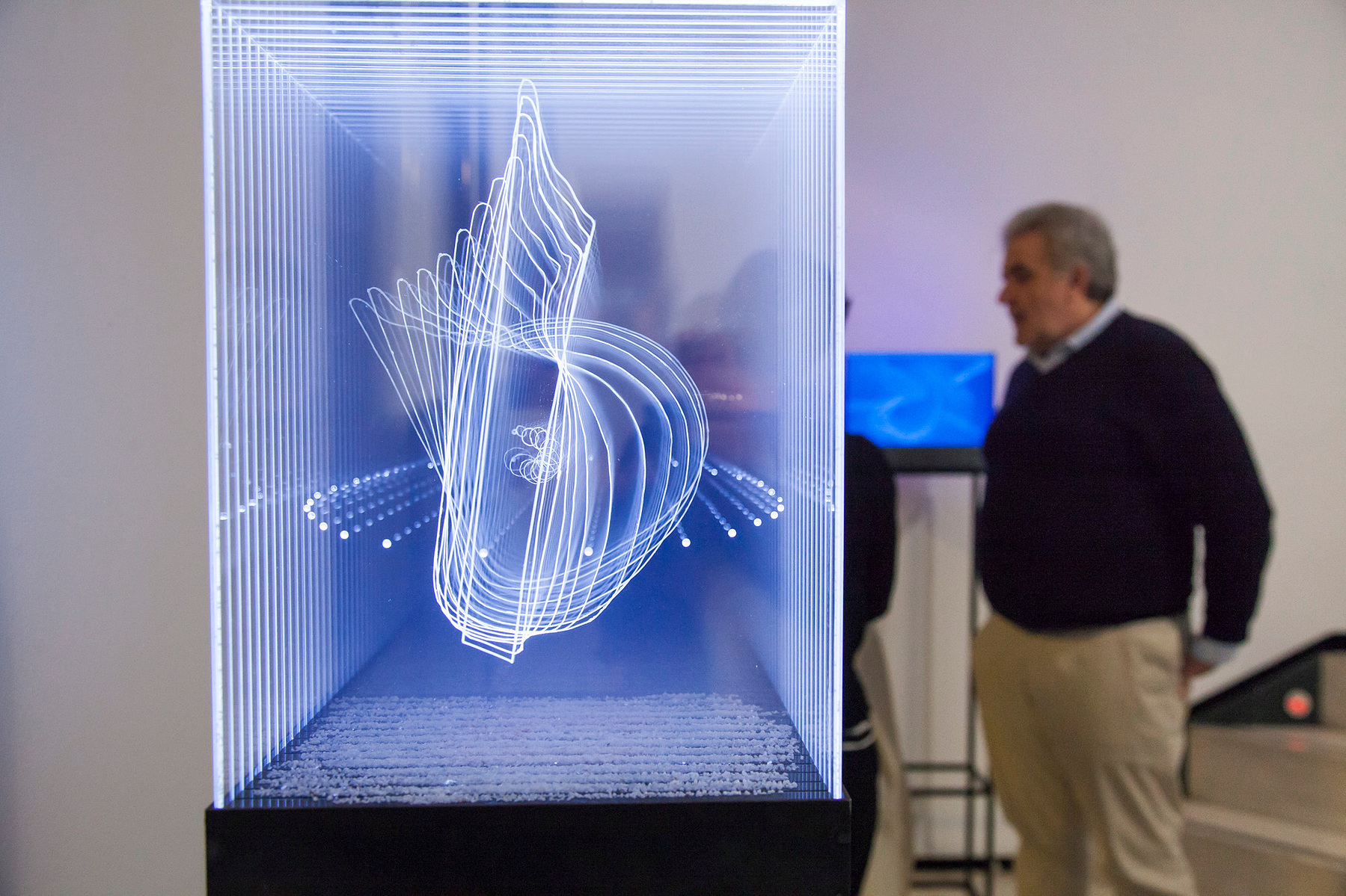 Exposición "Cajas luminosas" de Diego Moya, comisariada por Zara Fernández de Moya, en la Galería Luis Burgos de Madrid