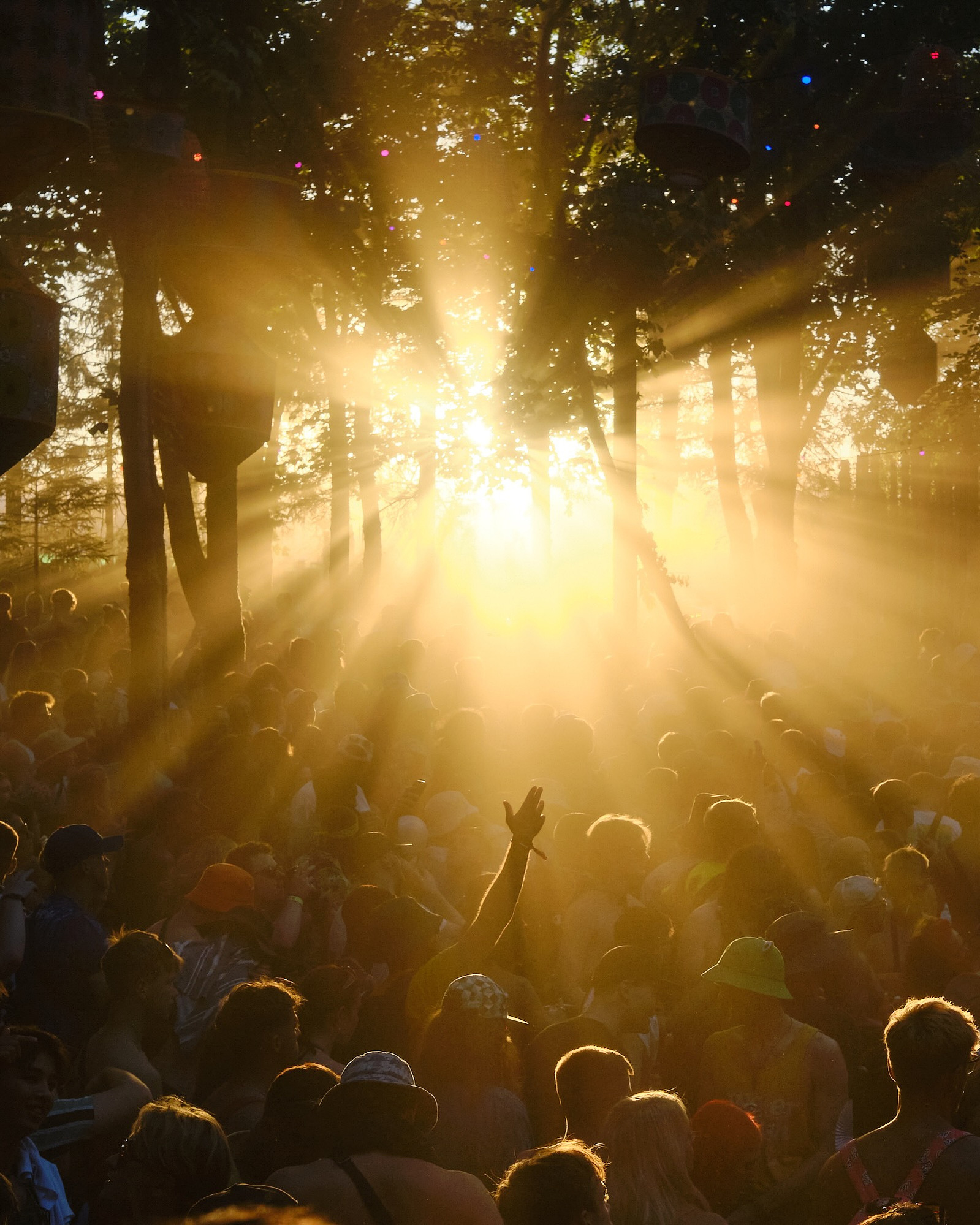 the sun burst through the trees as ravers dance to drum and bass in the woods at Boomtown