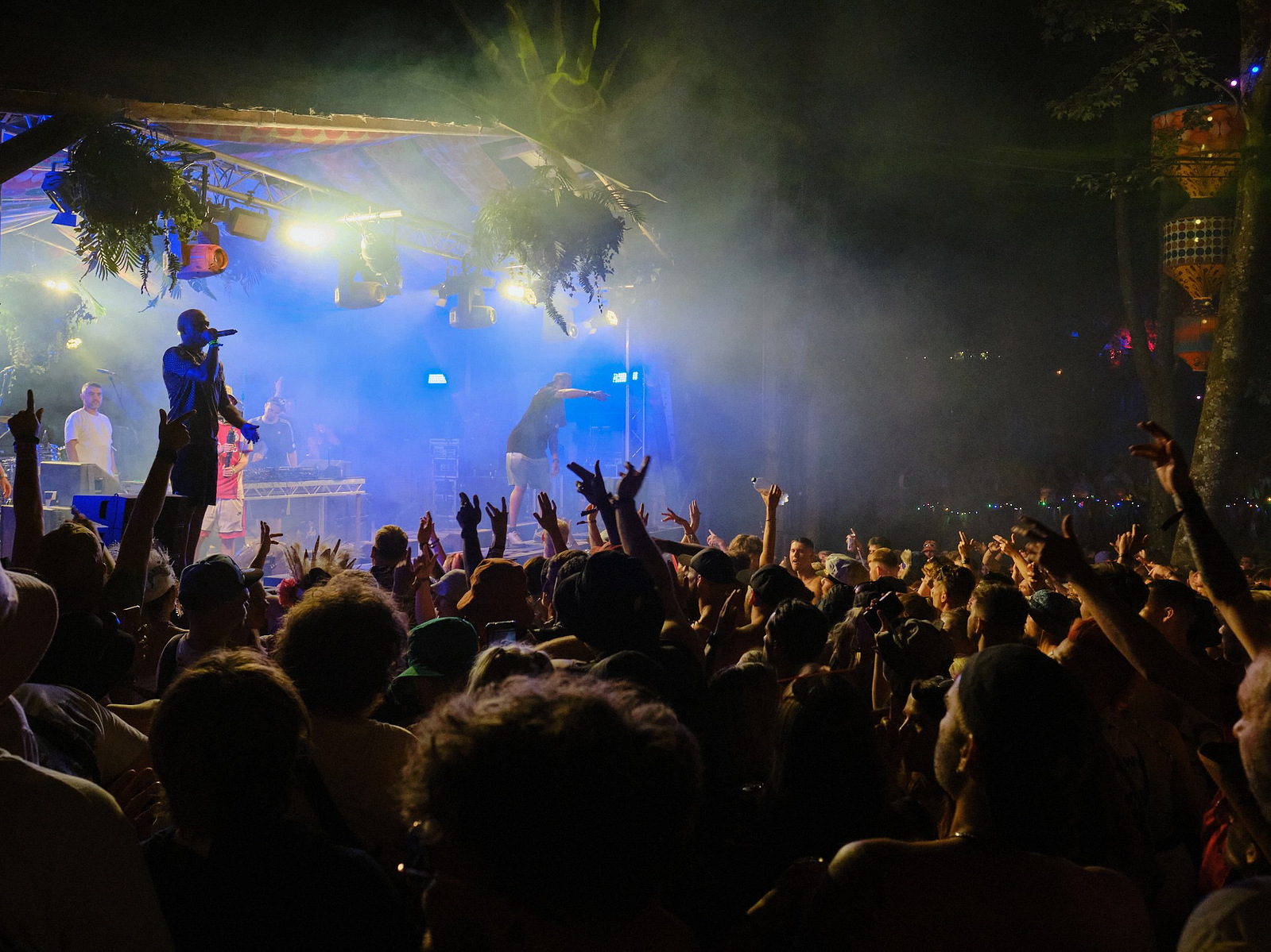 a huge crowd of drum and bass ravers dance to the mc and dj at night. Boomtown Music Festival.