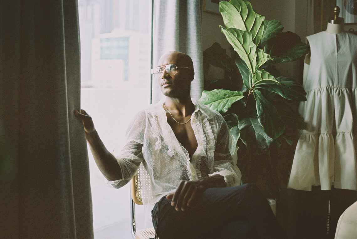 Man wearing woman's clothes with Jame Lorenzo shot in 35mm film by gara in los angeles