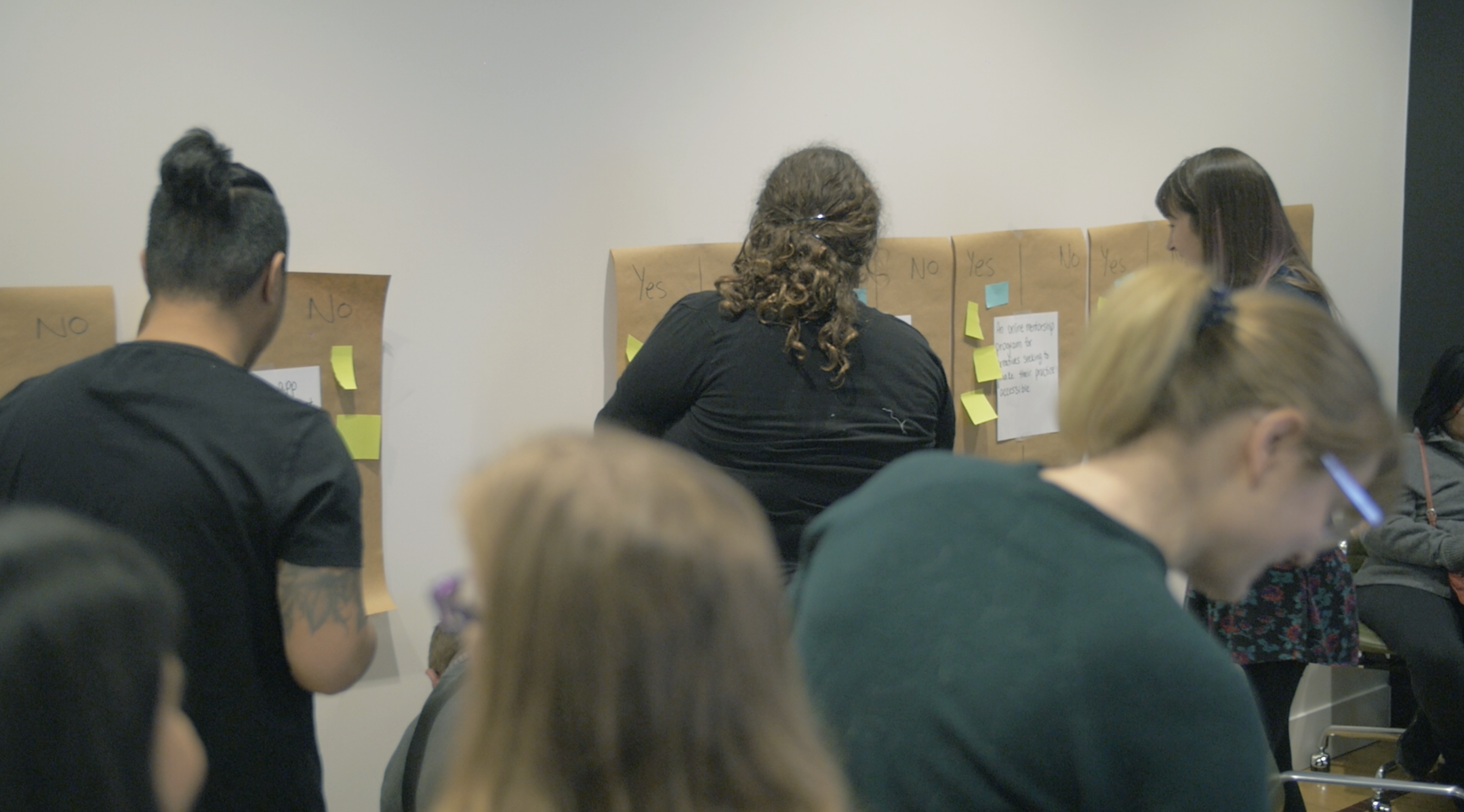 A group of people reading, writing, and placing sticky notes on the wall. 