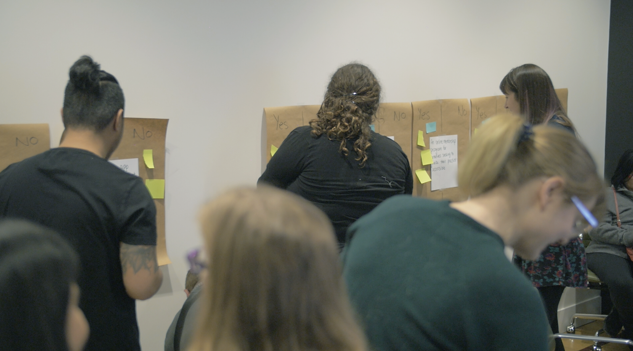 A group of people reading, writing, and placing sticky notes on the wall. 
