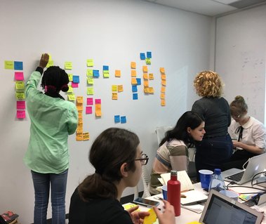 A group of people working various tasks in a room with sticky notes on the wall.