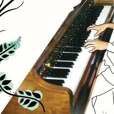 Close up of image and illustration of person playing a piano.