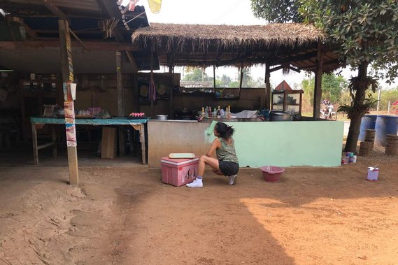 Helping paint/beautify a local restaurant's facade in rural Sukhothai, Thailand