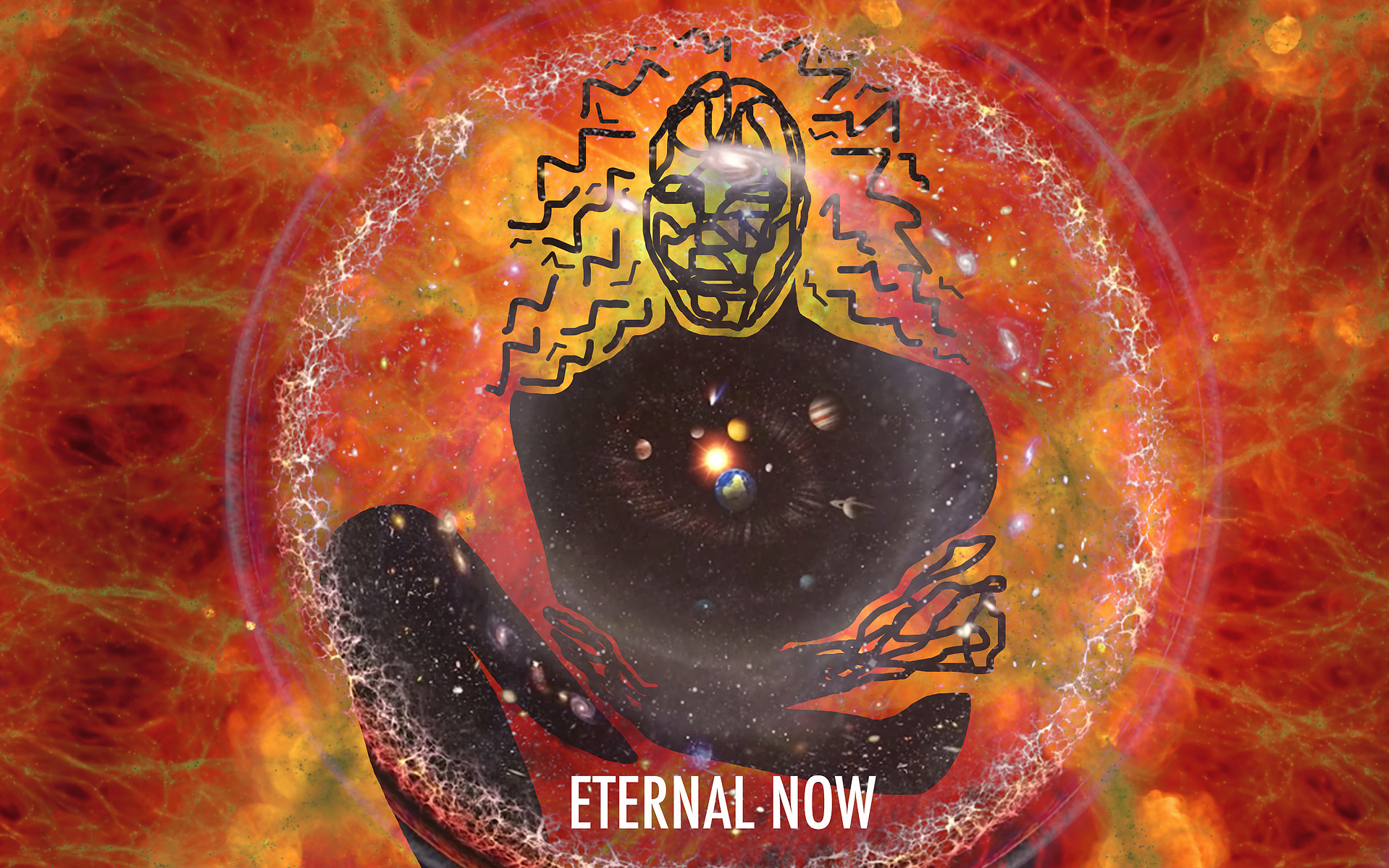 a collage/composite of Leilah Dhoré by Leilah Dhoré with the logarithmic scale of the universe radiating out of the centre of her chest in an illustration of her embracing herself. Overlayed with the text "Eternal Now". For the iAM Collaging program, JAYU