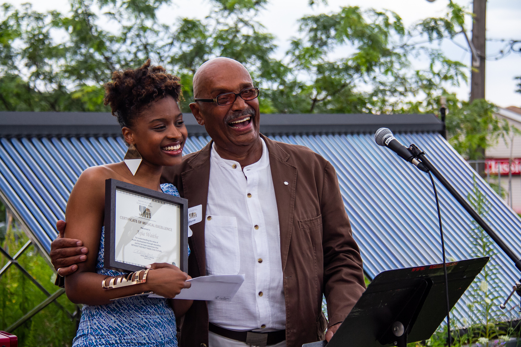 Photo of scholarship winner Aijia Waithe and Archie Alleyne for the Archie Alleyne Scholarship Fund Reception hosted by Nia Centre for the arts at the AccessPoint on Danforth (APOD) in Toronto, Canada