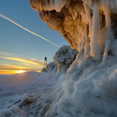 Lake Winnipeg ice storm sculptures formed by crashing waves. Located in Winnipeg Beach, Manitoba.  