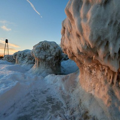 Lake Winnipeg ice storm sculptures formed by crashing waves. Located in Winnipeg Beach, Manitoba.   