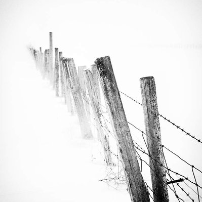 Back and white fence posts lost in a prairie blizzard. 