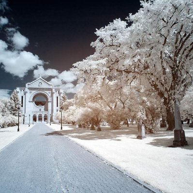 An infrared view of the St. Boniface Cathedral, Basilica.