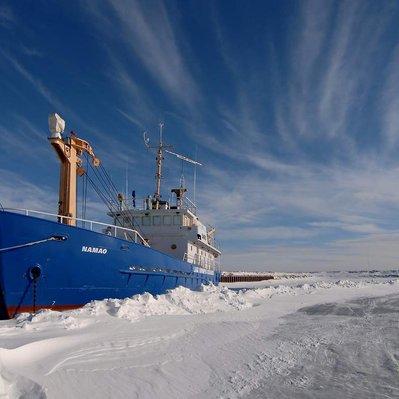 The Namao research ship locked in ice in Gimli harbour Manitoba