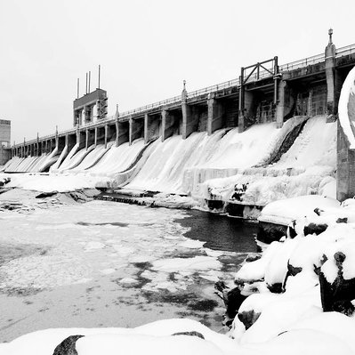 Frozen Seven Sister power generating station in Manitoba Canada.