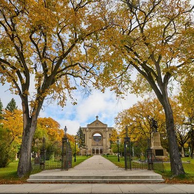 Fall tree colour  surrounding the St. Boniface Basilica in Winnipeg Manitoba.