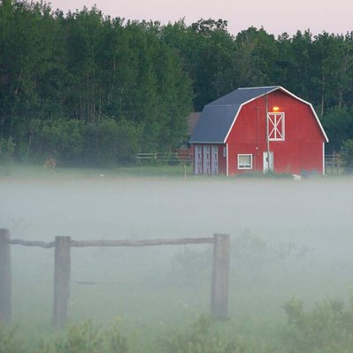 A red barn in fog just outside Winnipeg Manitoba.