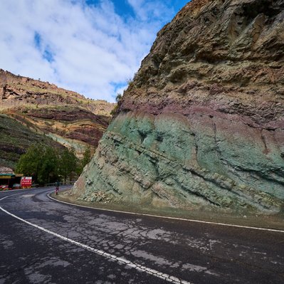 Gran Canaria landscape photograph featuring the Los Azulegos (rainbow rocks) rock formations.