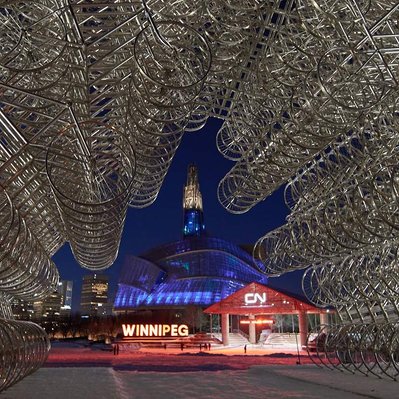 A view of the Canadian Human Rights Museum in Winnipeg through the Ai Weiwei bicycle art exhibit.