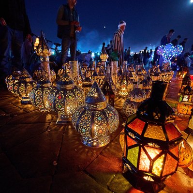 Moroccan landscape photograph featuring many candle lit lanterns being sold in the Marrakesh marketplace, Medina.