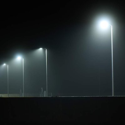 Gimli harbour lights in fall fog. 