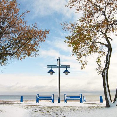 First snowfall on trees and lamp post along the Gimli boardwalk by Lake Winnipeg.