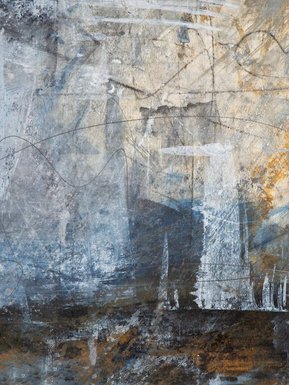 abstract painting in colorful tones of blue and grey