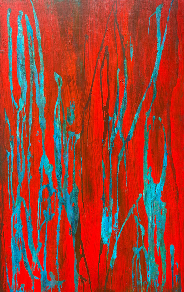 modern abstract painting in teal and red