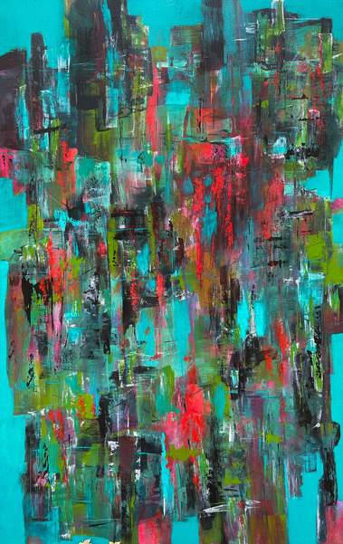 modern abstract painting in teal, red, green and black