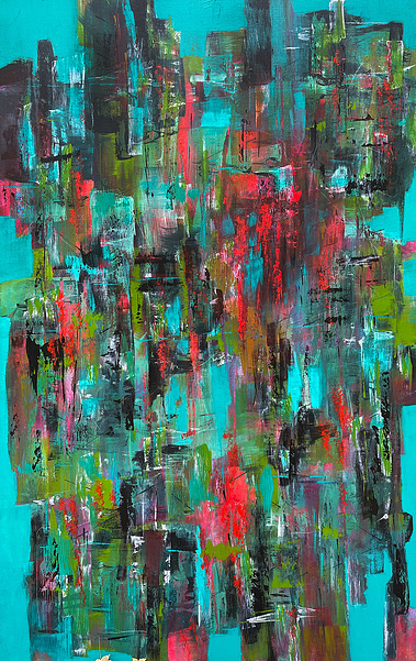modern abstract painting in teal, red, green and black