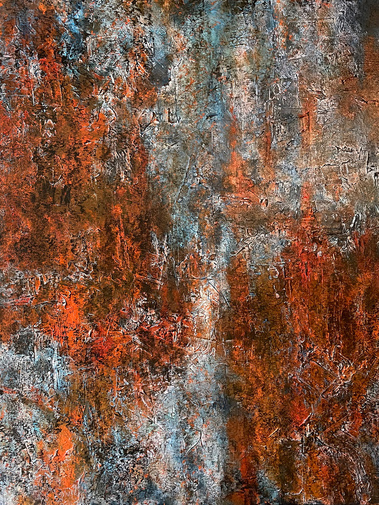 Textured abstract artwork in orange and teal